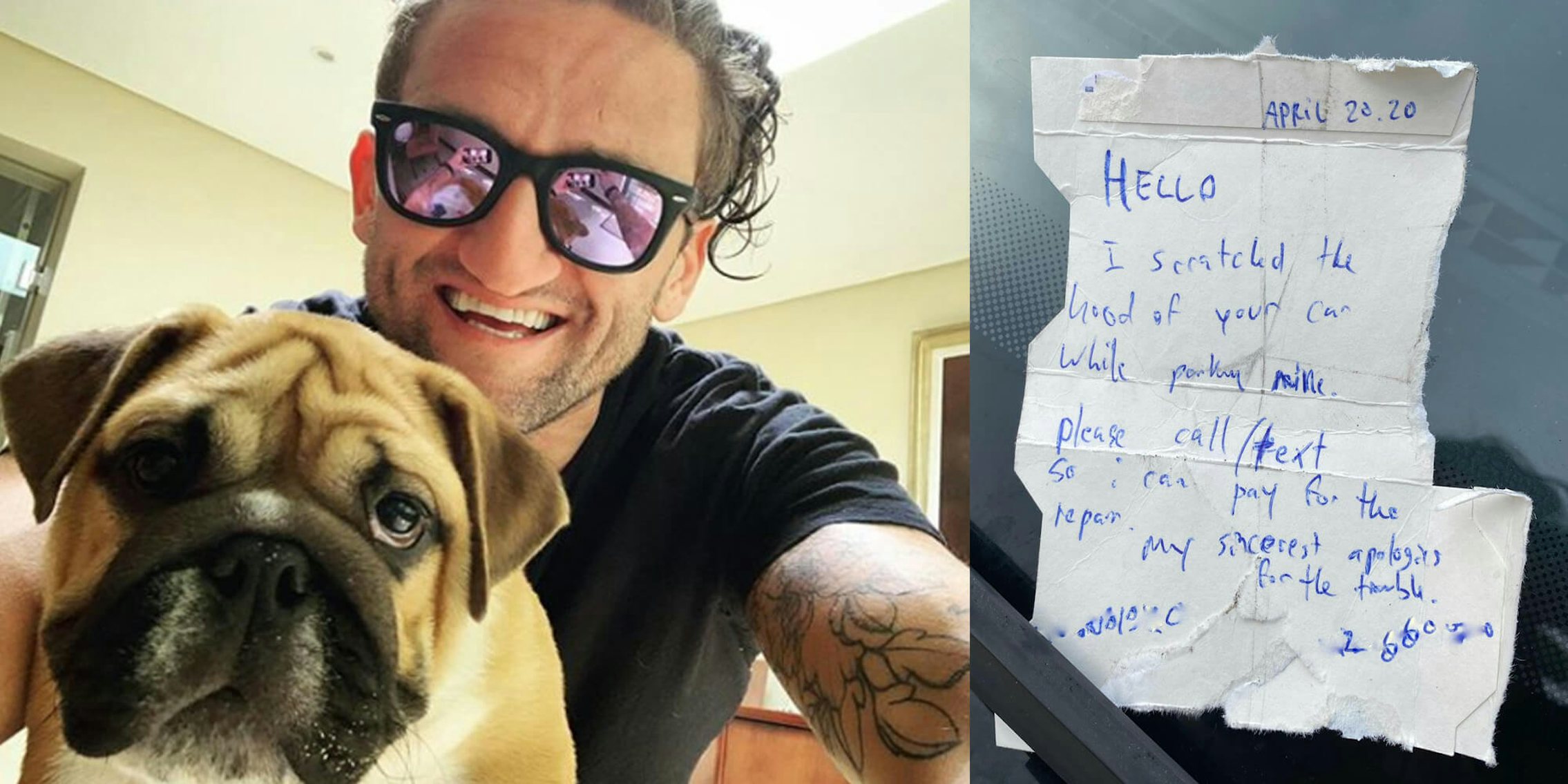 a picture of casey neistat next to a note he left on a car after he scraped it