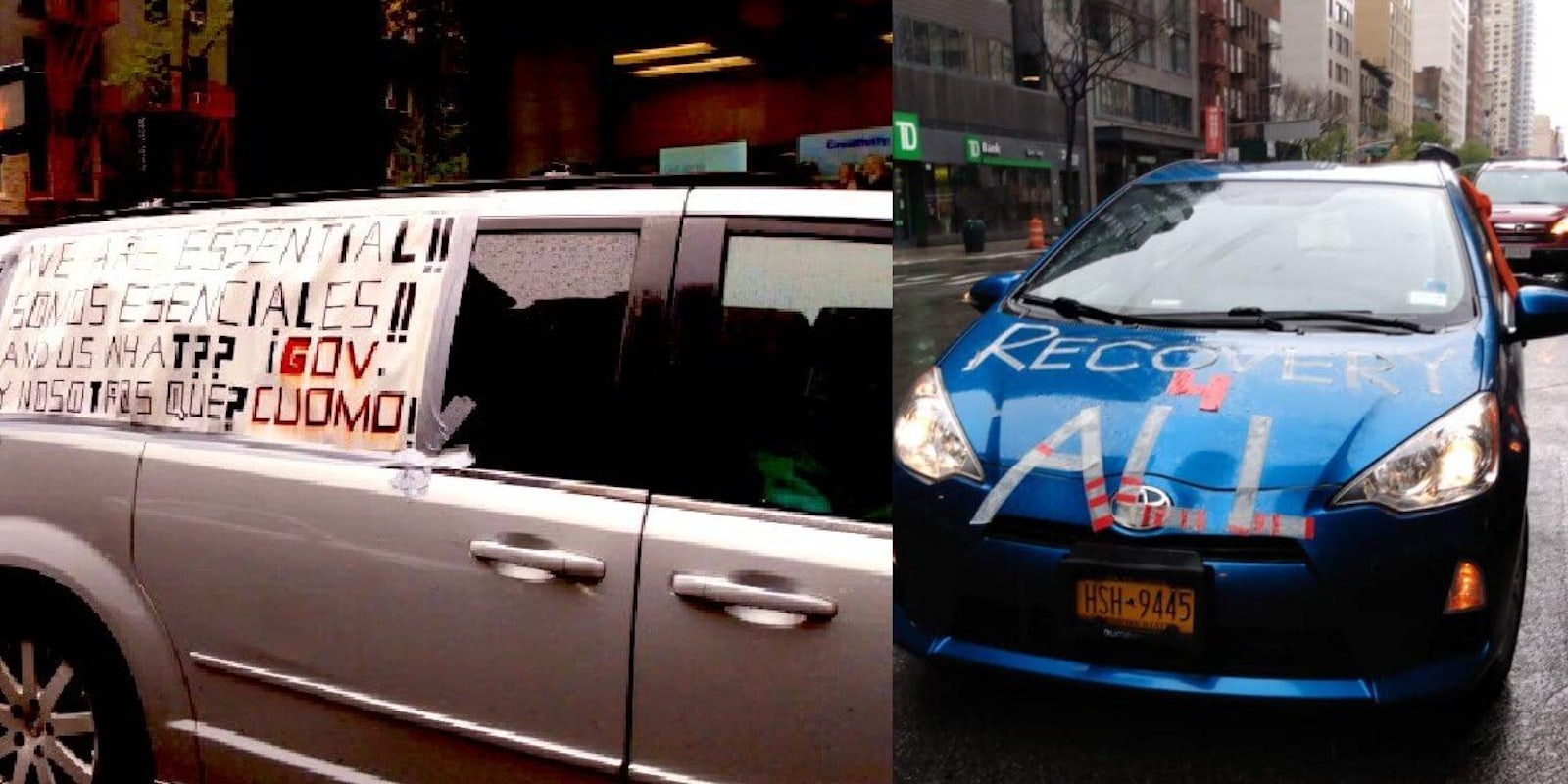 Photos show posters marked on cars protesting the stimulus package that leave out undocumented, essential workers