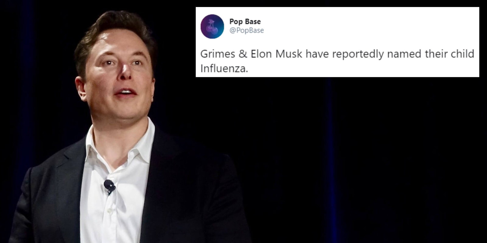 Elon Musk next to a false tweet about his unborn child