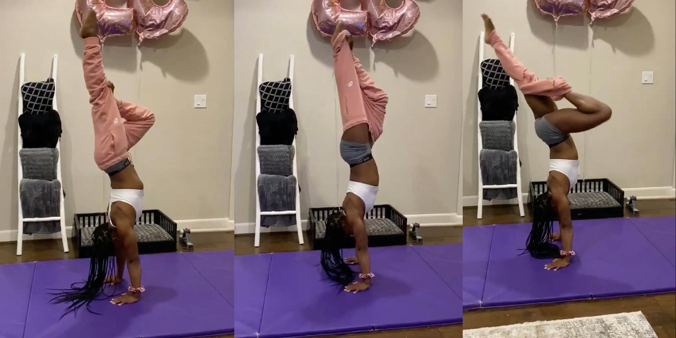 Simone Biles participating in the handstand challenge