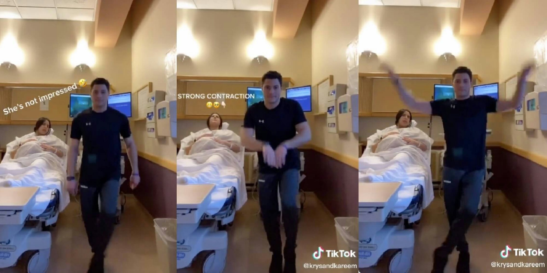 husband participating in a tiktok challenge while his wife gets birth
