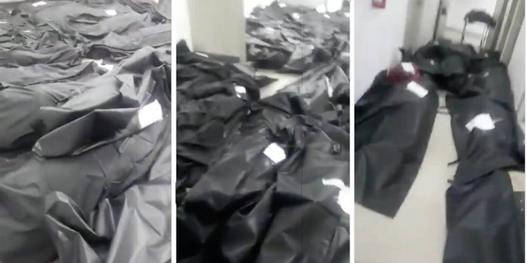 Three images of body bags on a floor
