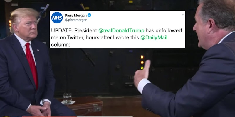Donald Trump next to a tweet and Piers Morgan