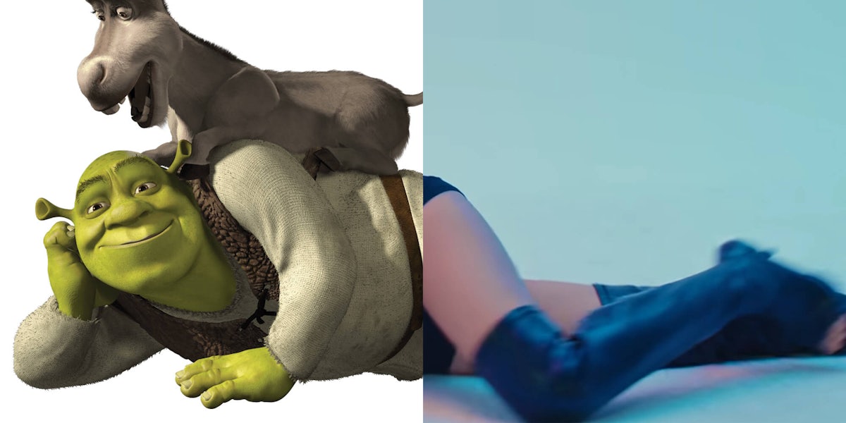 Top half of Shrek with bottom half of Lili, wearing thigh high boots