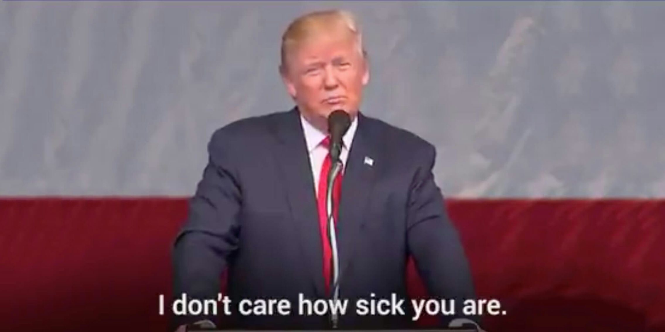 Donald Trump giving a speech next to text