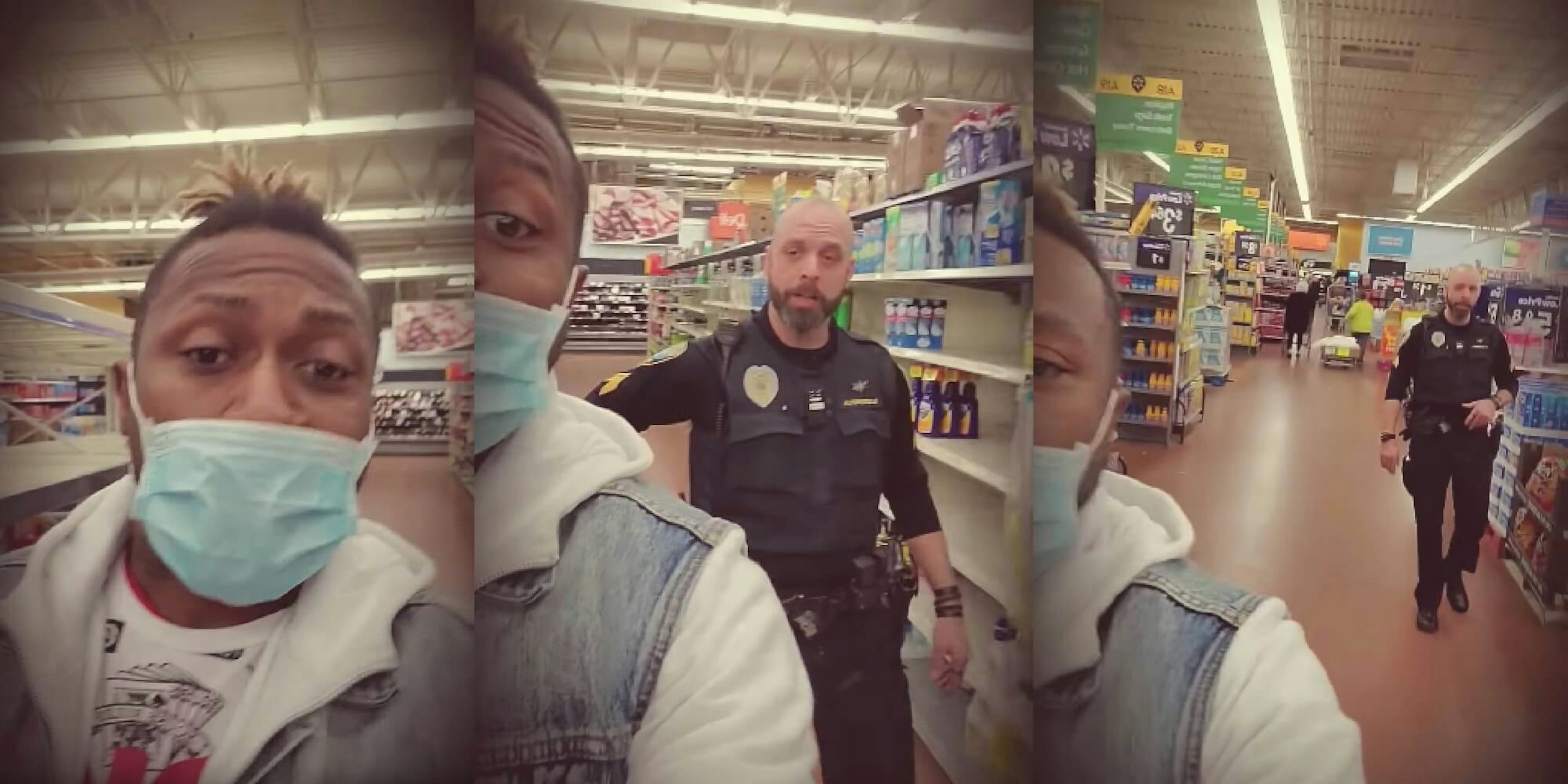 policeman escorting a Black man out of walmart for wearing a face mask