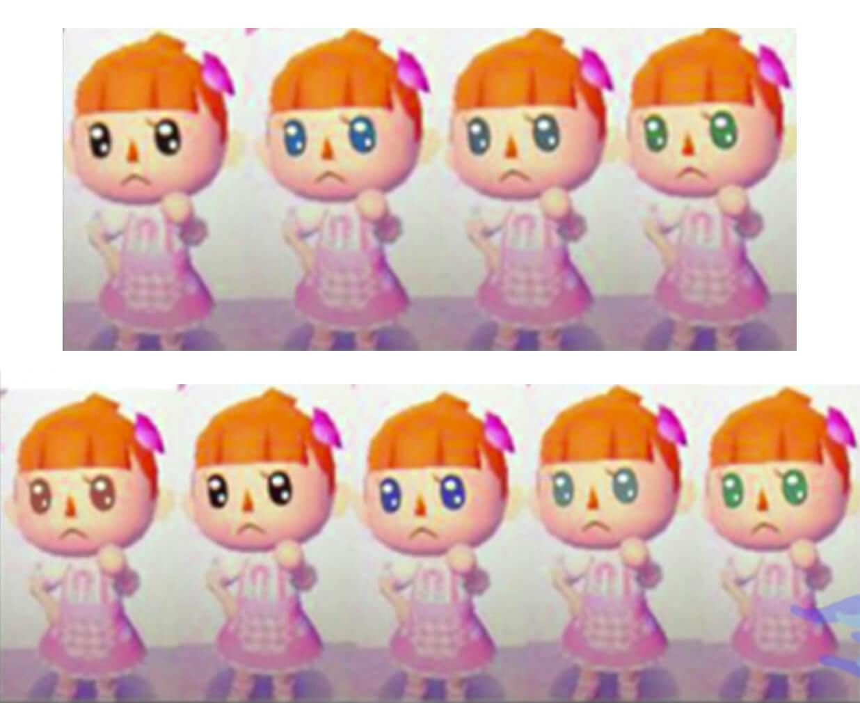 Photo of Animal Crossing: New Leaf that shows the menu for how to change your eye color in the game.