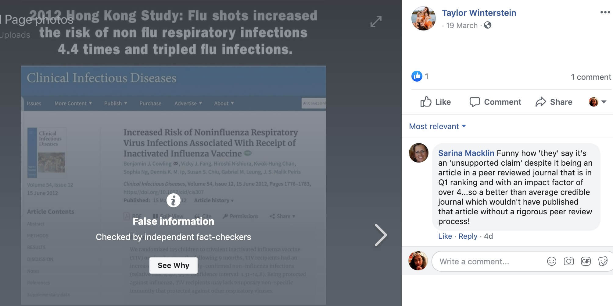 Taylor Winterstein's Facebook post flagged as 'false information'