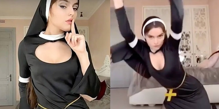 Screenshots show Yara performing in her nun's costume