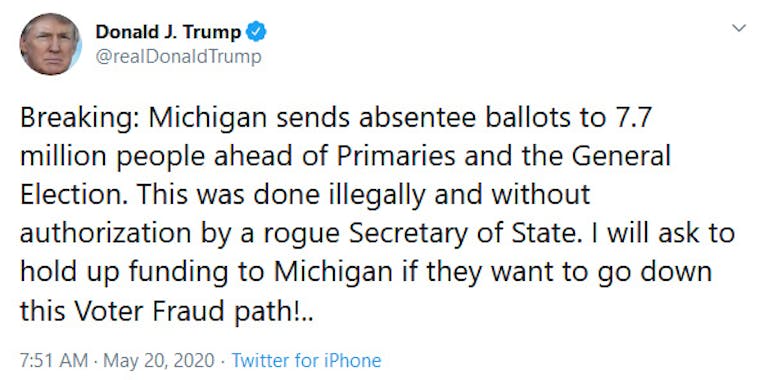 Donald Trump Michigan Tweet Absentee Ballots