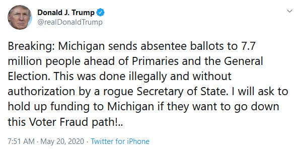 Donald Trump Michigan Tweet Absentee Ballots