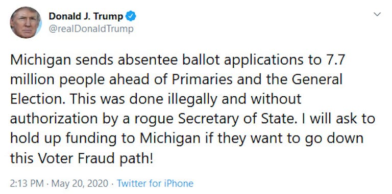 Donald Trump Tweet Michigan Absentee Ballot Applications
