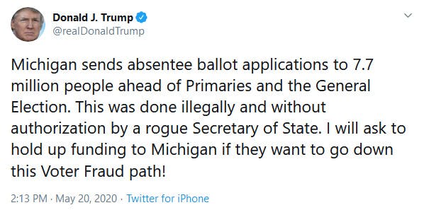 Donald Trump Tweet Michigan Absentee Ballot Applications
