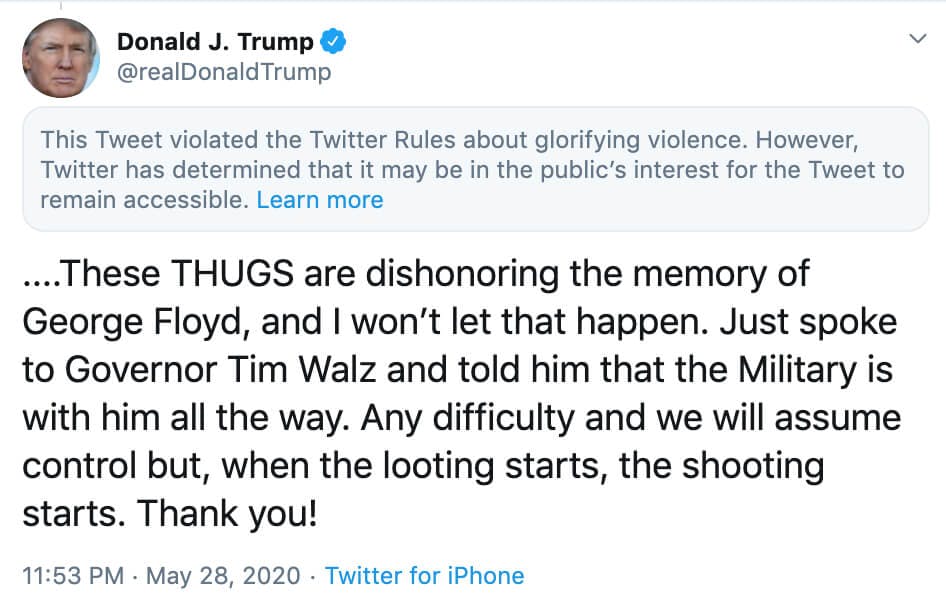 Trump tweet - glorifying violence