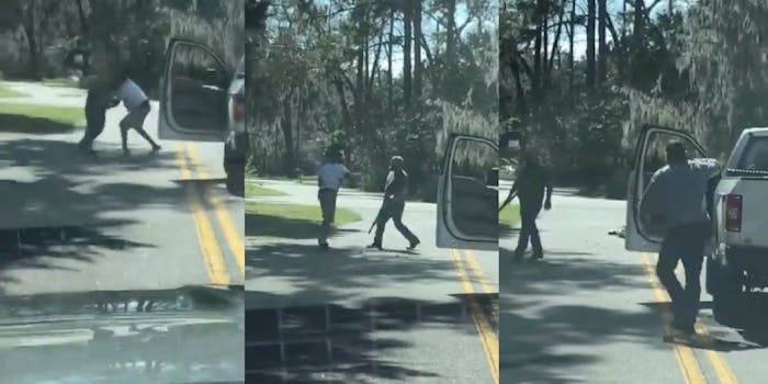 screenshots from video of two white men shooting and killing a black jogger
