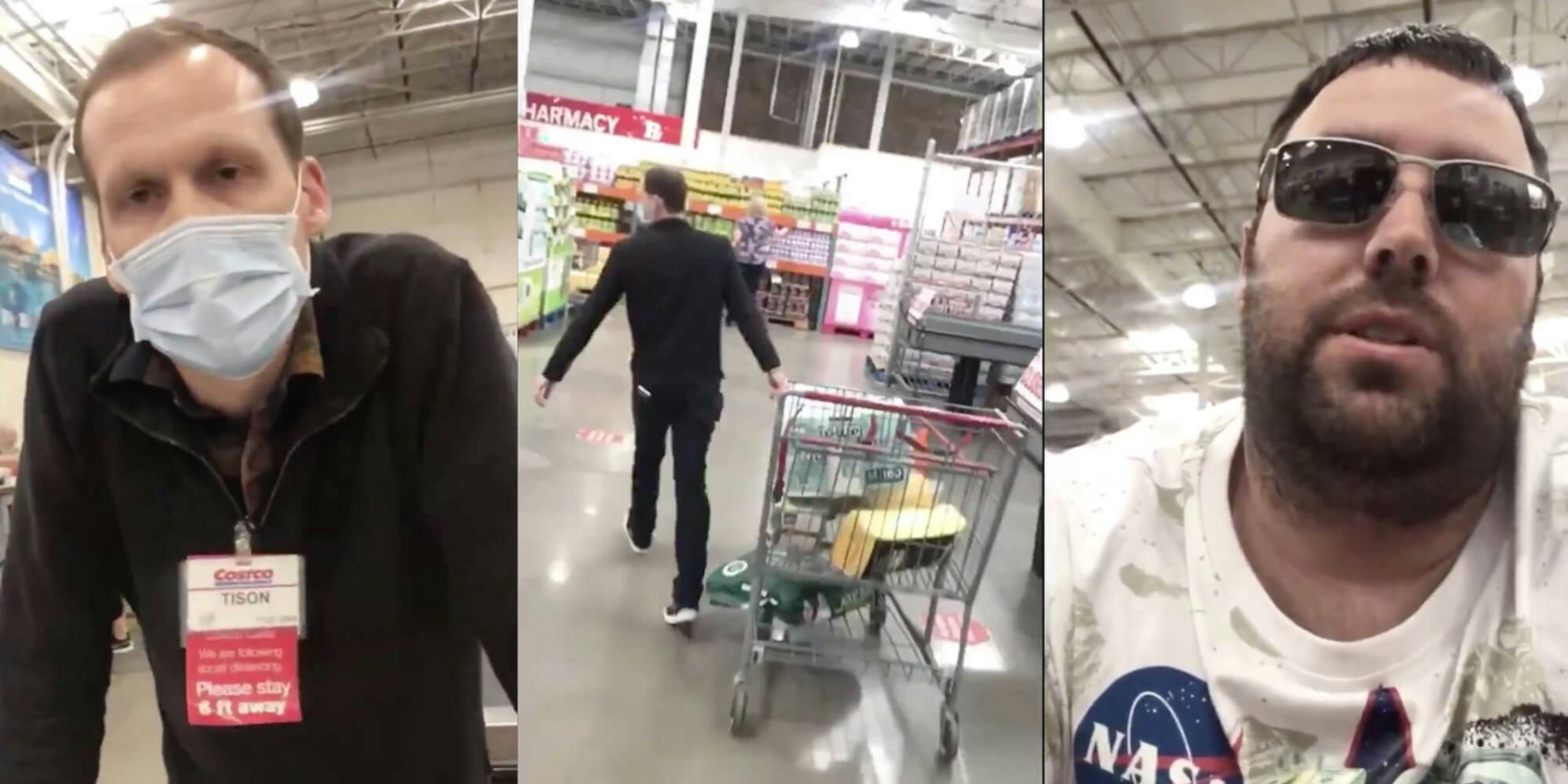 A Costco employee in a mask and customer without one