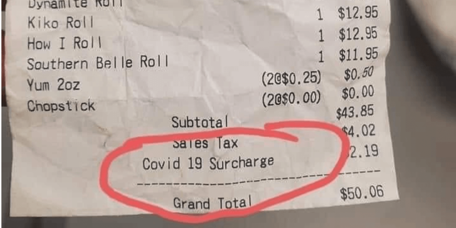 coronavirus surcharge restaurant receipt