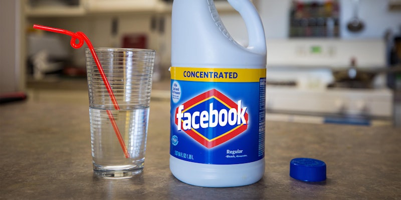bleach bottle with facebook branding next to glass with drinking straw