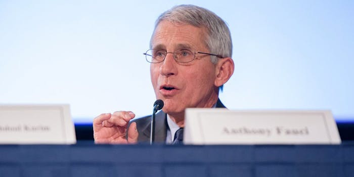 Dr. Anthony Fauci in front of a microphone