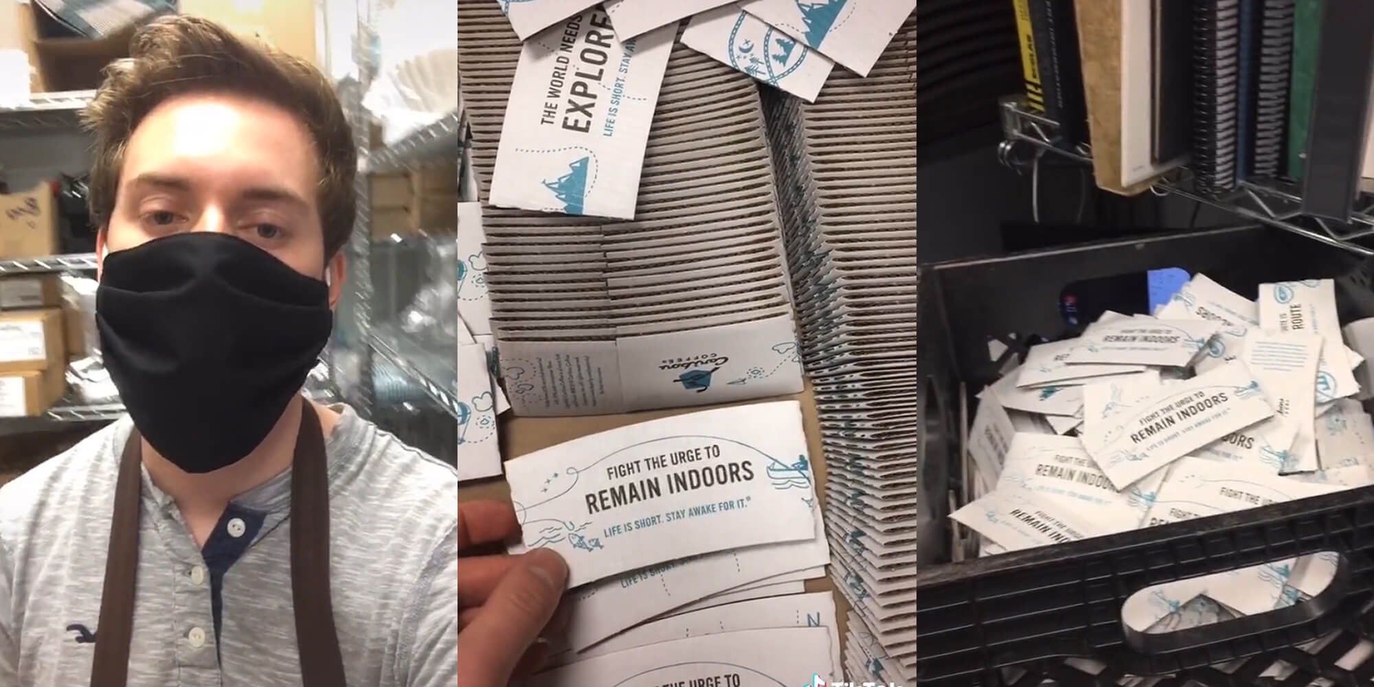 coffee shop worker discarding cupholders with 'fight the urge to remain indoors' printed on them