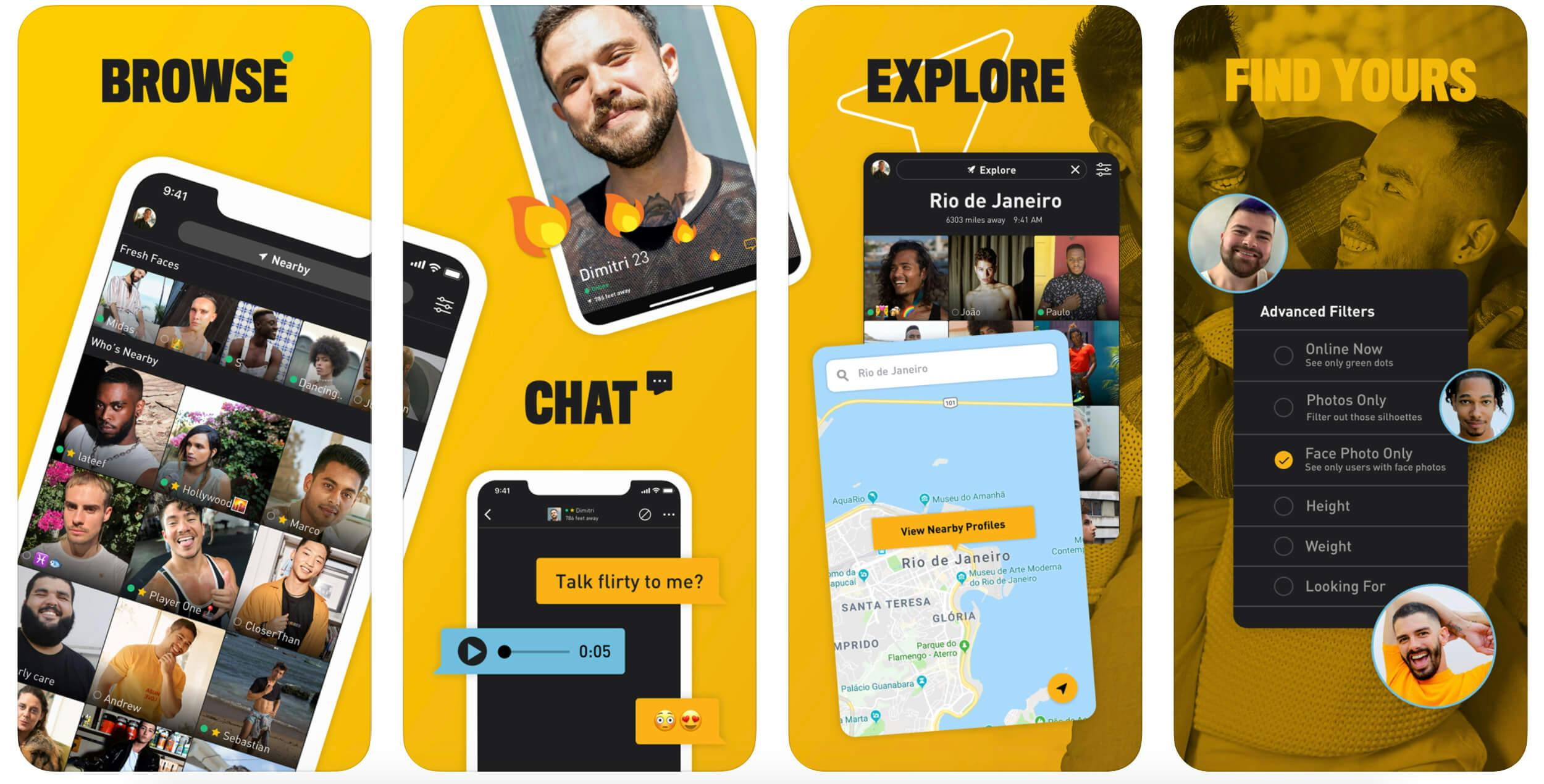 Screenshot of Grindr profile interface and chat features.