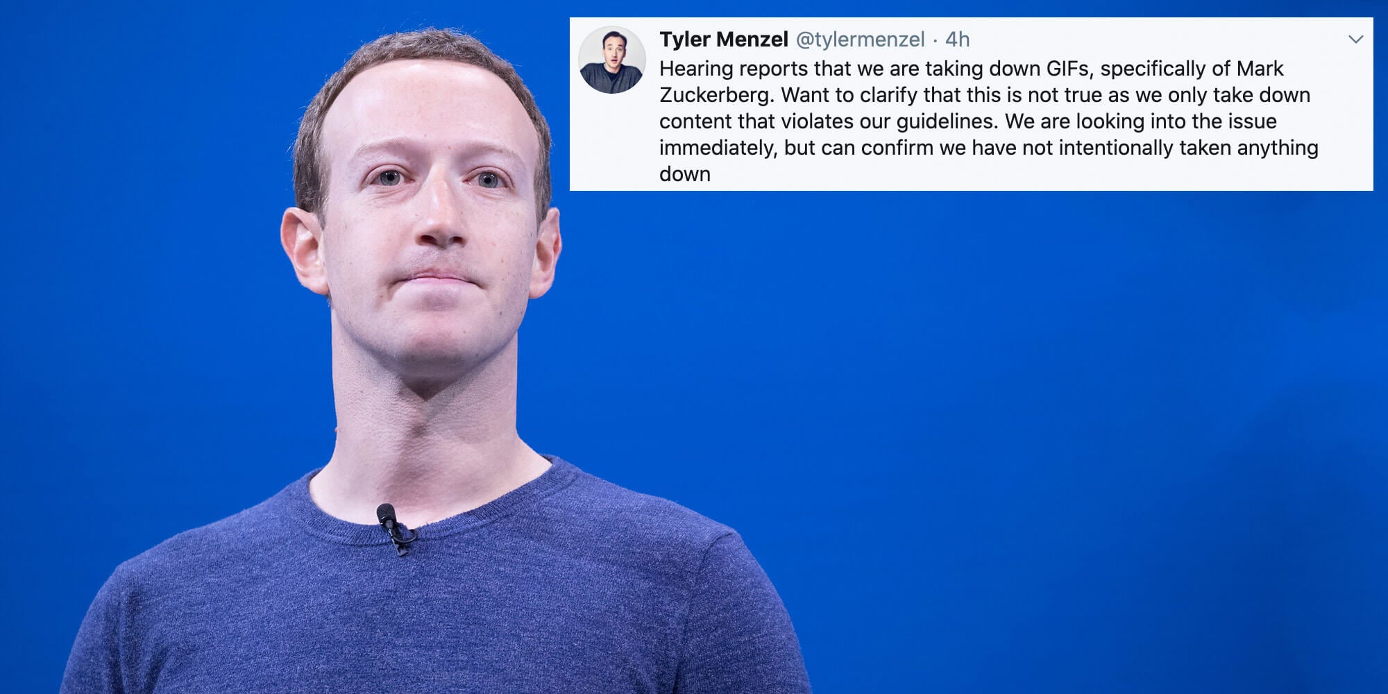 Facebook CEO Mark Zuckerberg next to a tweet