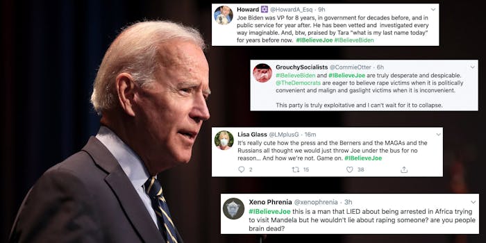 Joe Biden next to a series of tweets containing #IbelieveBiden