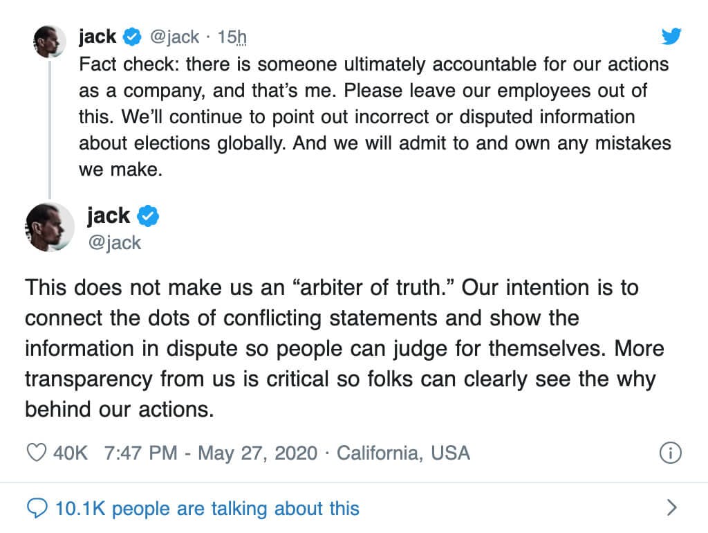 Two tweets made by Twitter CEO Jack Dorsey