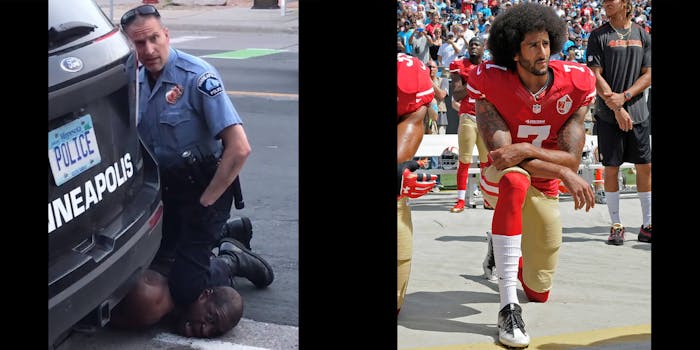 lebron jame's meme of cop kneeling on George Floyd next to photo of Colin Kaepernick kneeling