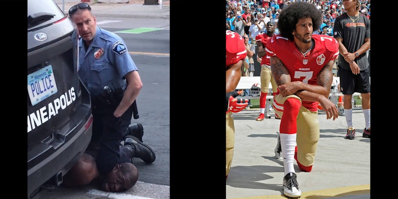 lebron jame's meme of cop kneeling on George Floyd next to photo of Colin Kaepernick kneeling
