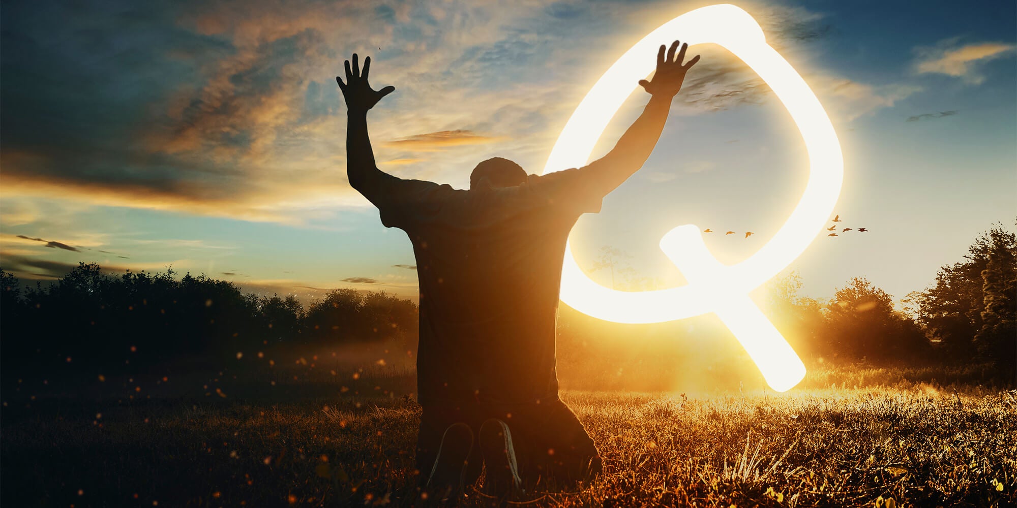 man kneeling before glowing Q, QAnon church