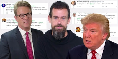 Joe Scarborough, Jack Dorsey, and Donald Trump next to tweets