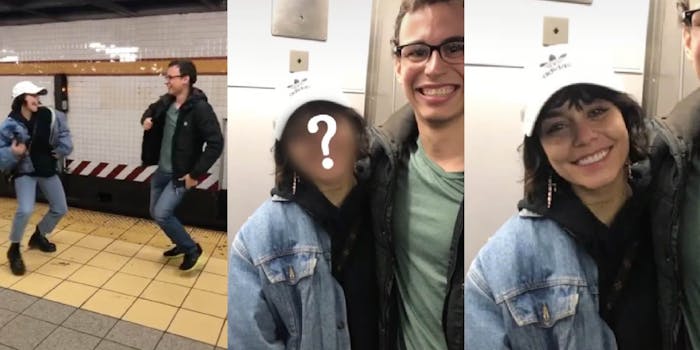 Vanessa Hudgens dancing with a guy on the subway