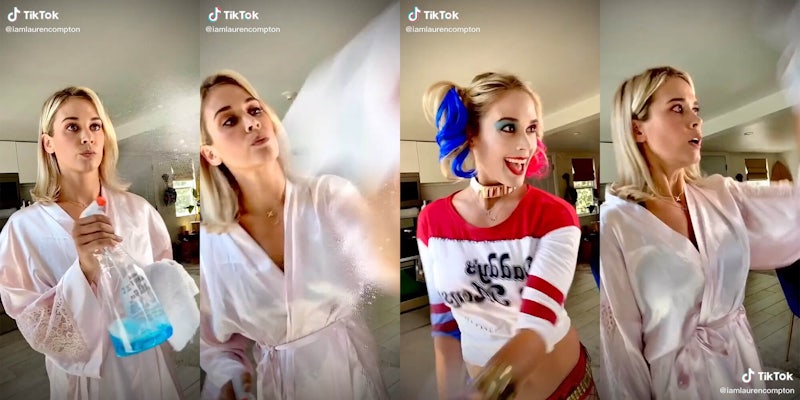 woman wiping mirror becomes harley quinn