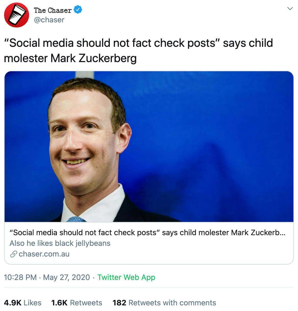 A tweet from The Chaser discussing Facebook CEO Mark Zuckerberg