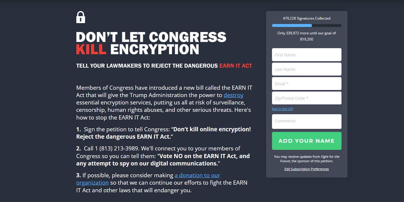 EARN IT Act Petition Fight for the Future Don't Let Congress Kill Encryption