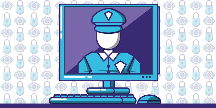 Police officer in computer monitor with alternating lock/eye icons in the background