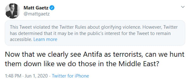 Matt Gaetz Twitter Glorifying Violence Tweet