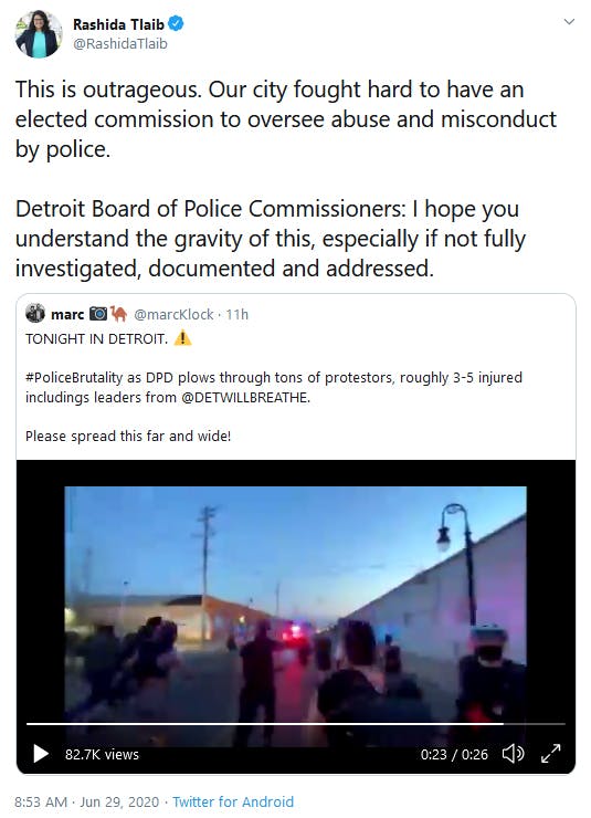 Rashida Tlaib Detroit Police Drive Into Protesters Tweet