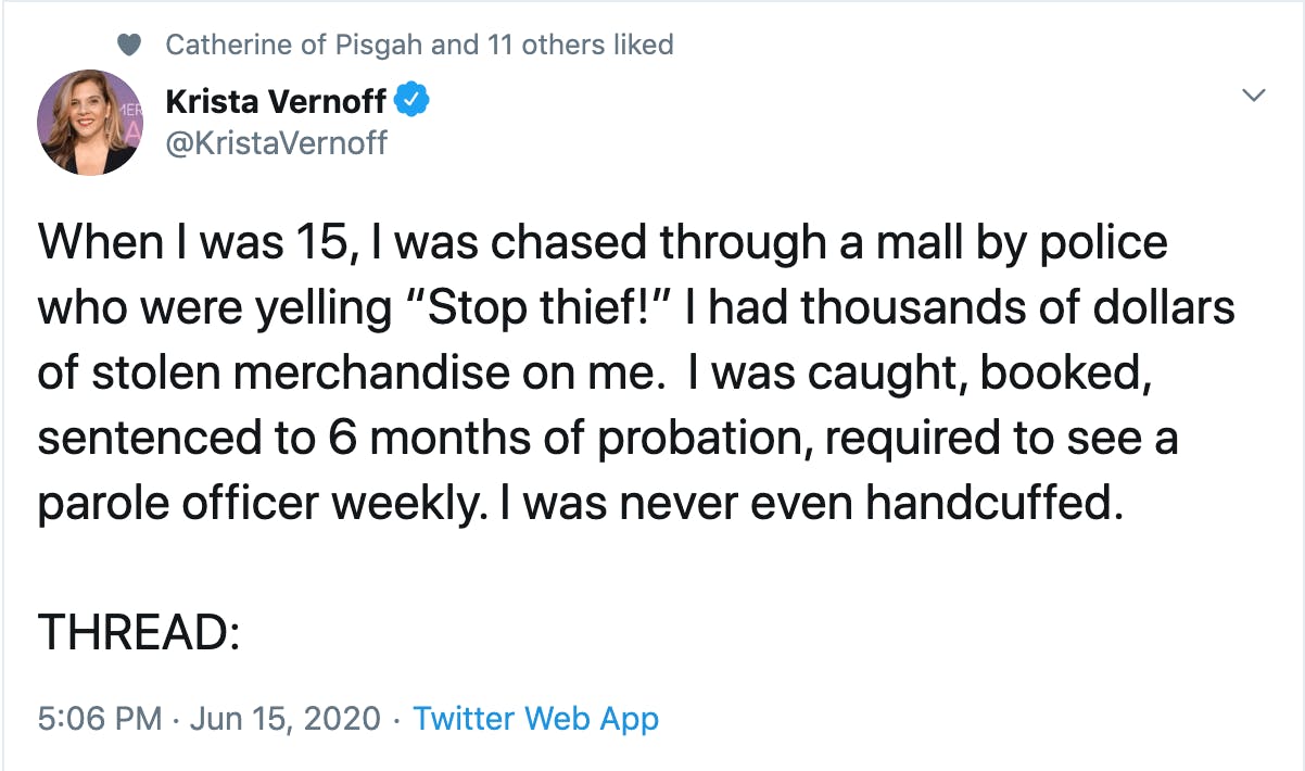 When I was 15, I was chased through a mall by police who were yelling “Stop thief!” I had thousands of dollars of stolen merchandise on me.  I was caught, booked, sentenced to 6 months of probation, required to see a parole officer weekly. I was never even handcuffed.    THREAD:
