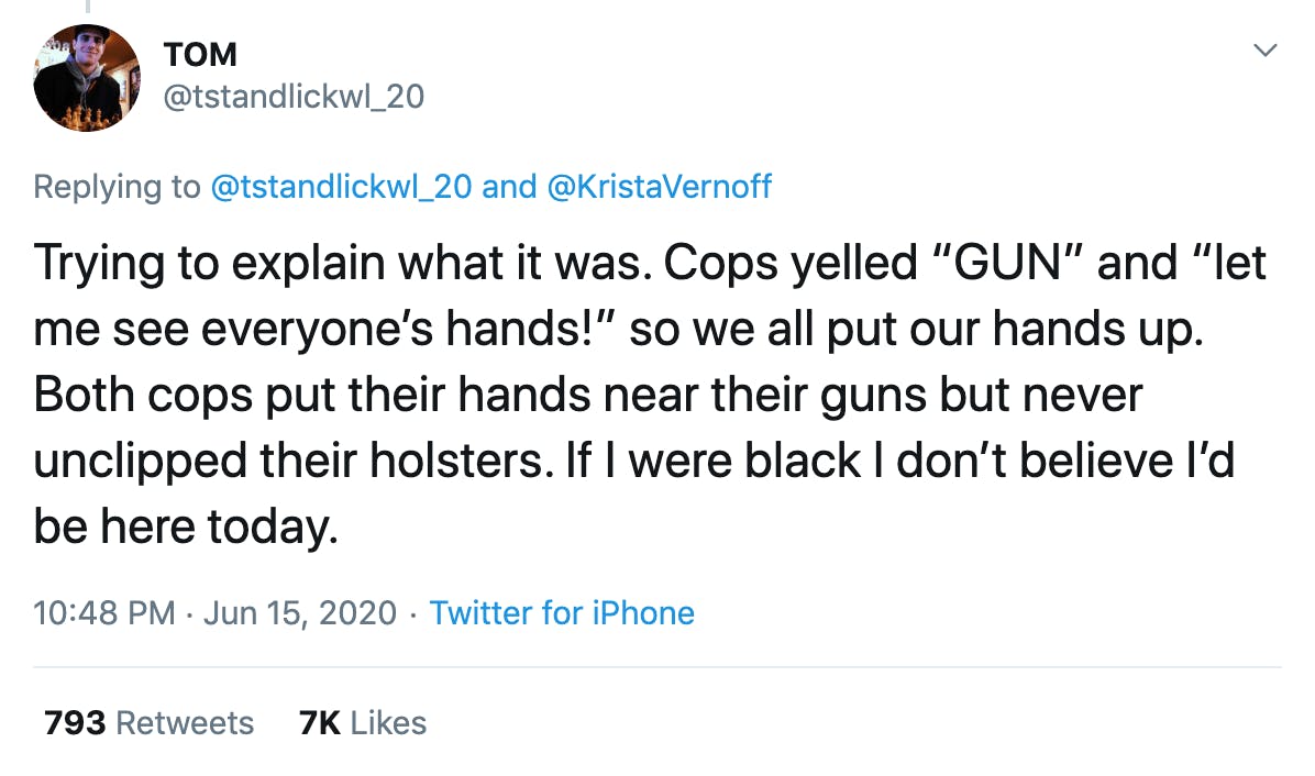 Trying to explain what it was. Cops yelled “GUN” and “let me see everyone’s hands!” so we all put our hands up. Both cops put their hands near their guns but never unclipped their holsters. If I were black I don’t believe I’d be here today.