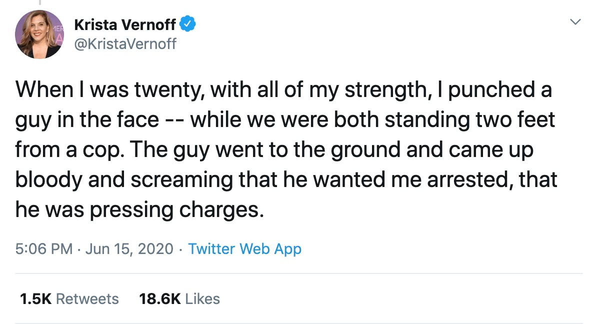 When I was twenty, with all of my strength, I punched a guy in the face -- while we were both standing two feet from a cop. The guy went to the ground and came up bloody and screaming that he wanted me arrested, that he was pressing charges.