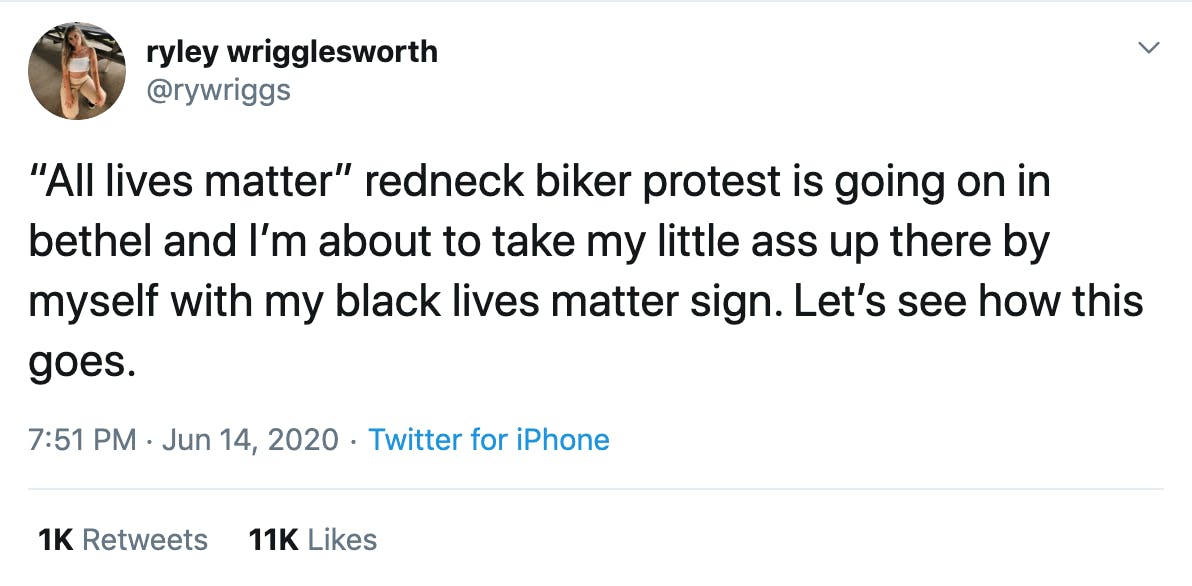 “All lives matter” redneck biker protest is going on in bethel and I’m about to take my little ass up there by myself with my black lives matter sign. Let’s see how this goes.
