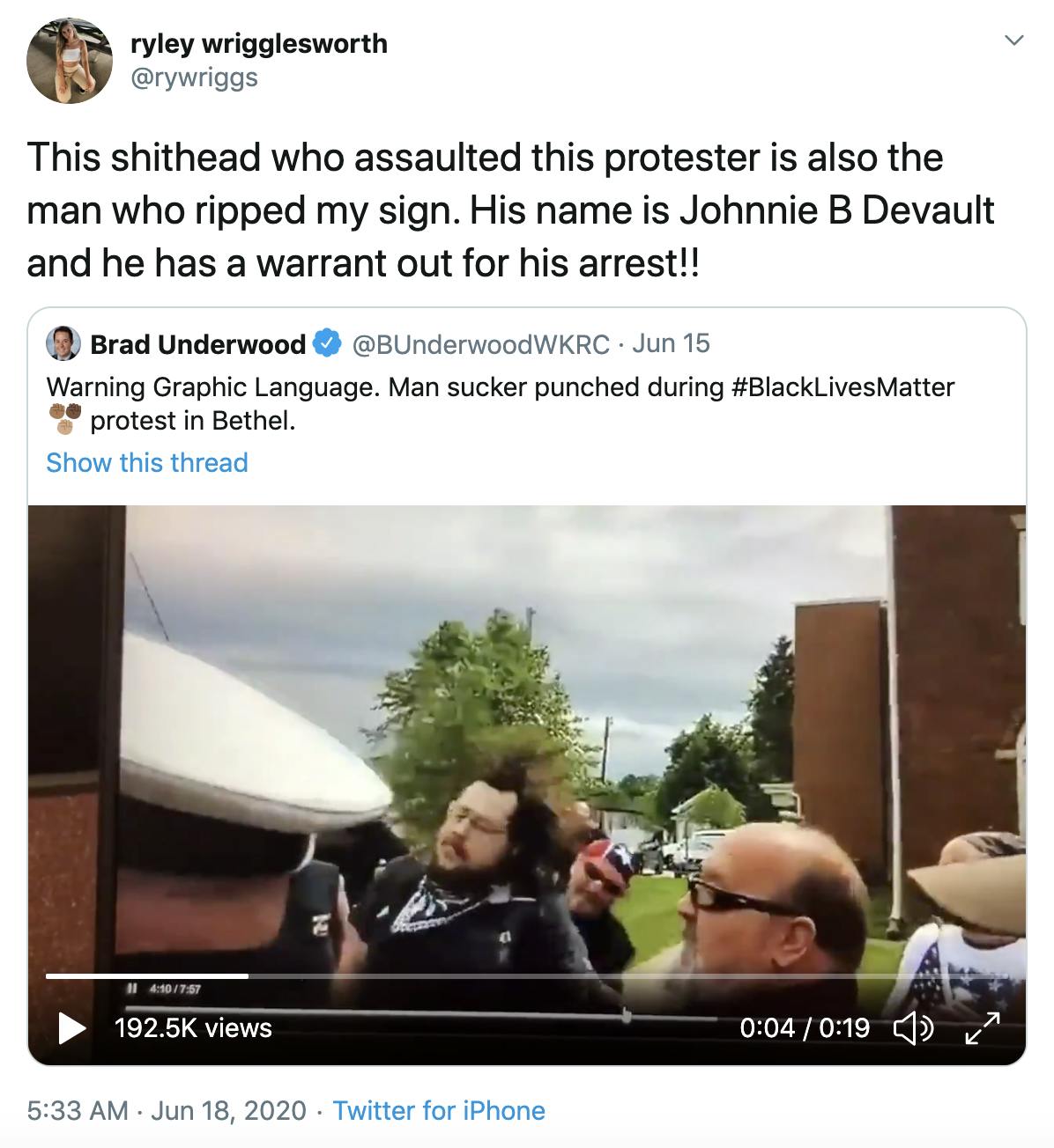 This shithead who assaulted this protester is also the man who ripped my sign. His name is Johnnie B Devault and he has a warrant out for his arrest!!