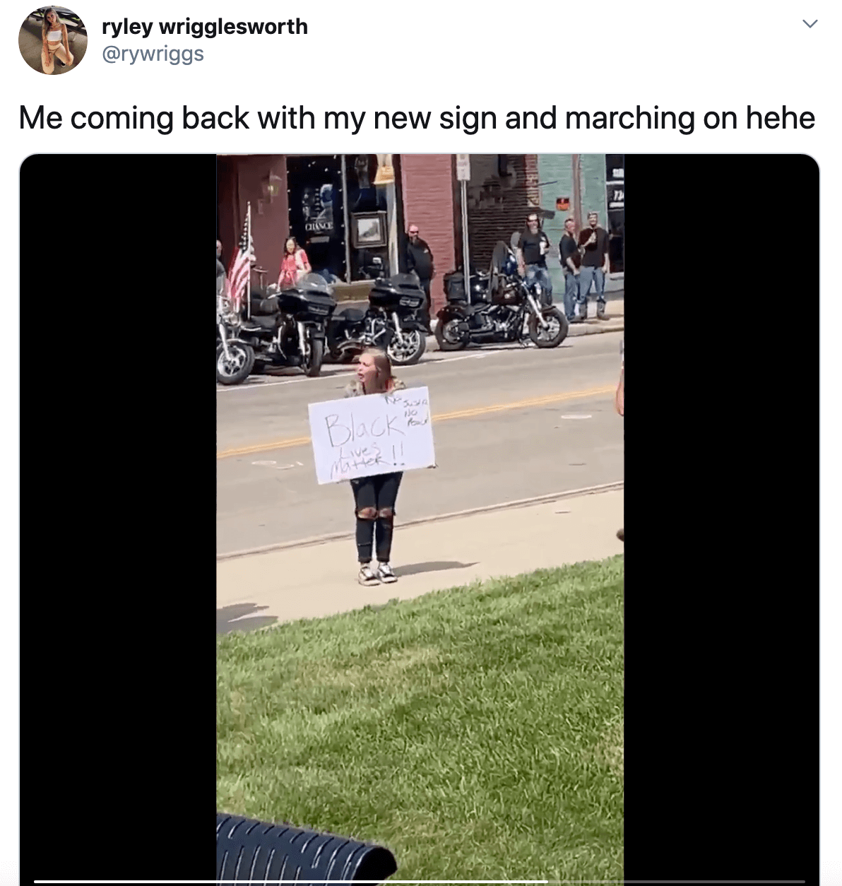 "Me coming back with my new sign and marching on hehe" With video of Ryley marching and holding her sign