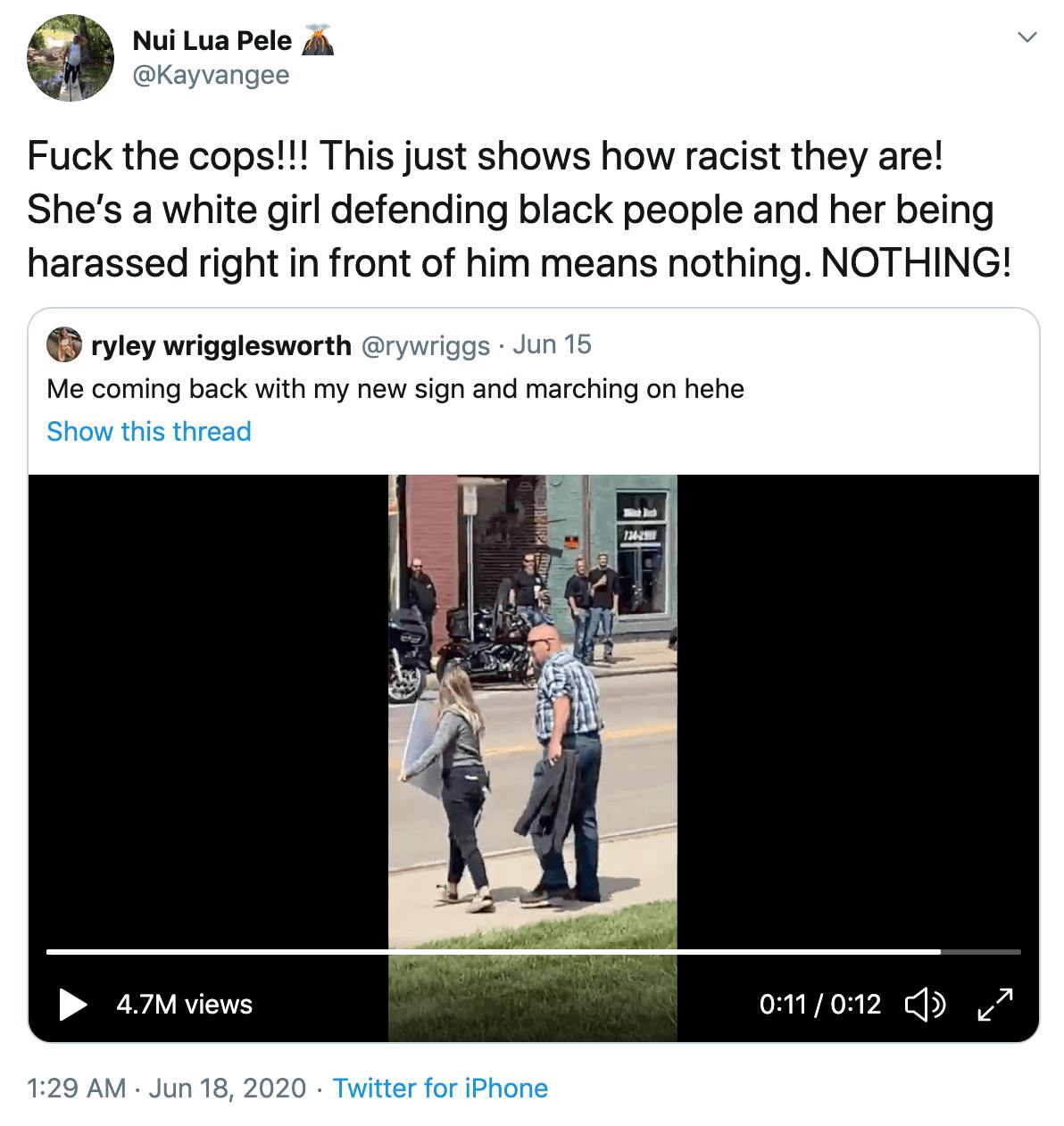 Fuck the cops!!! This just shows how racist they are! She’s a white girl defending black people and her being harassed right in front of him means nothing. NOTHING!
