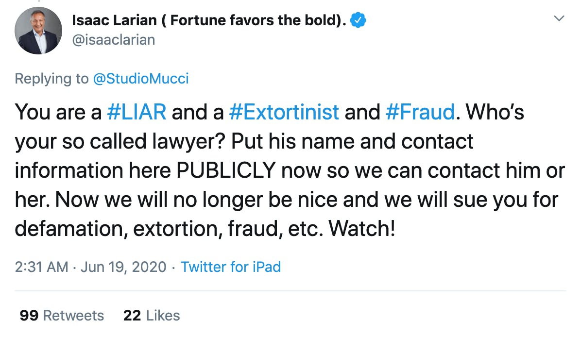 You are a #LIAR and a #Extortinist and #Fraud. Who’s your so called lawyer? Put his name and contact information here PUBLICLY now so we can contact him or her. Now we will no longer be nice and we will sue you for defamation, extortion, fraud, etc. Watch!