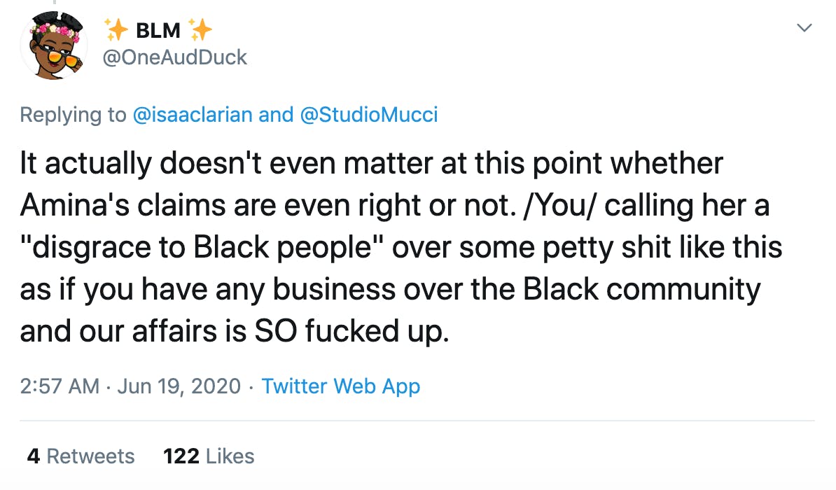 It actually doesn't even matter at this point whether Amina's claims are even right or not. /You/ calling her a "disgrace to Black people" over some petty shit like this as if you have any business over the Black community and our affairs is SO fucked up.