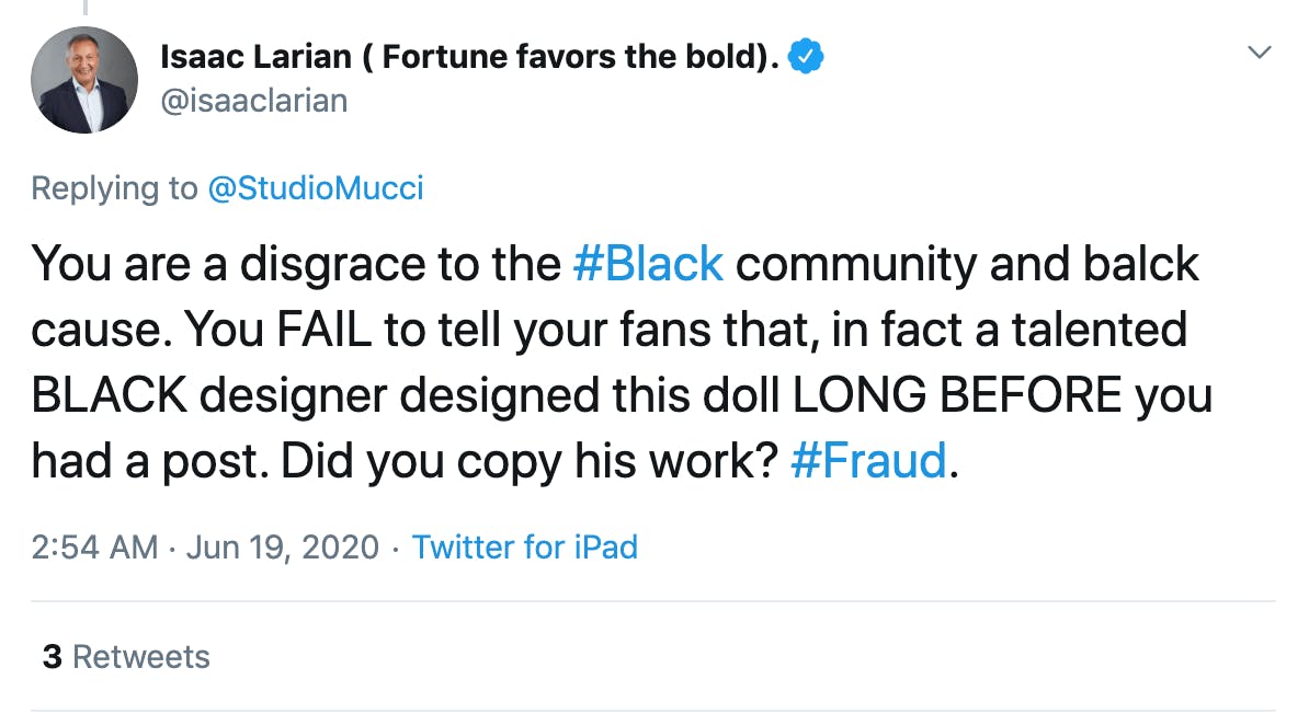 You are a disgrace to the #Black community and balck cause. You FAIL to tell your fans that, in fact a talented BLACK designer designed this doll LONG BEFORE you had a post. Did you copy his work? #Fraud.
