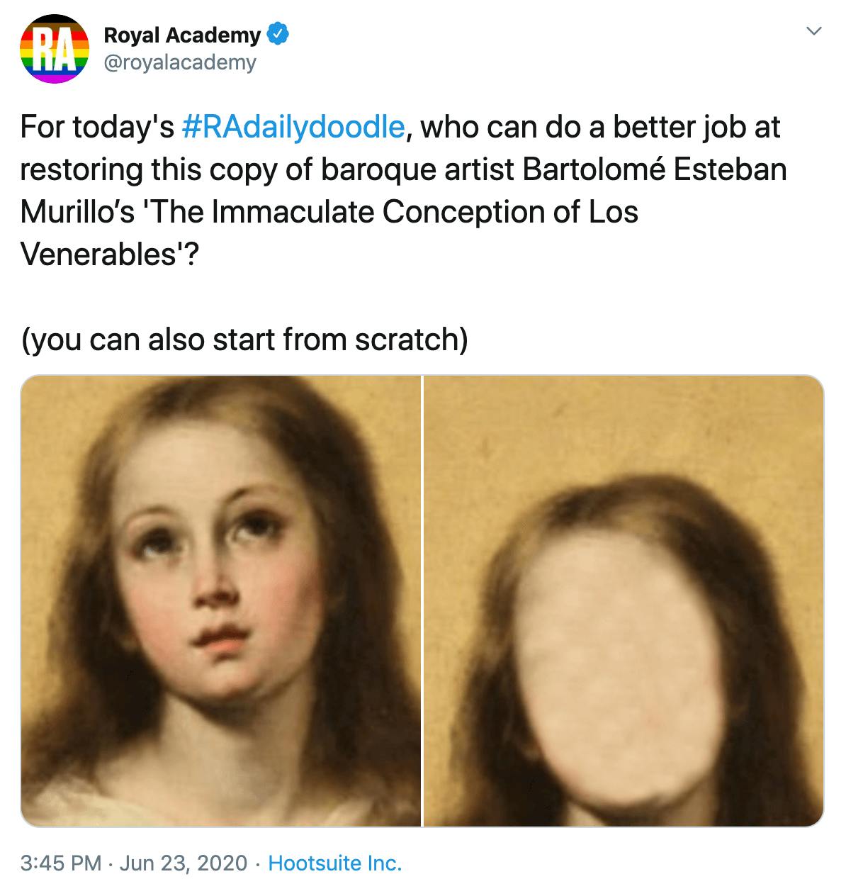 Tweet saying "For today's #RAdailydoodle, who can do a better job at restoring this copy of baroque artist Bartolomé Esteban Murillo’s 'The Immaculate Conception of Los Venerables'?  (you can also start from scratch)" with image of the original and a blank faced version side by side each other